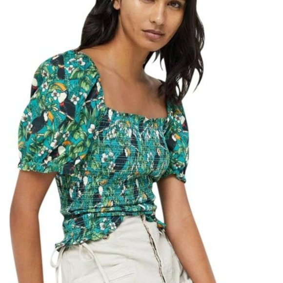 Dolan Left Coast Green Smocked Puffy Sleeve Tropical Print Summer Top - Picture 2 of 11